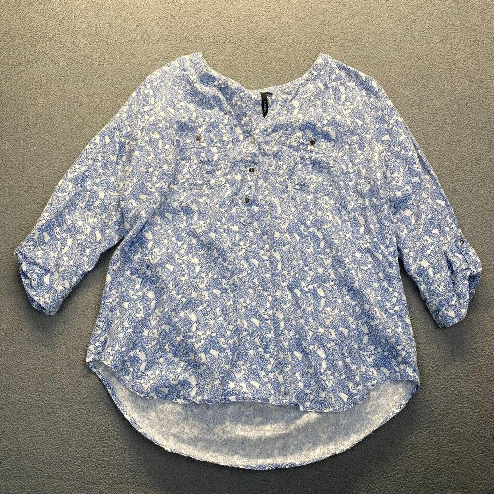 Cathy Women Top Blouse Shirt Size Large White Blue,55% Linen,Floral,Pockets